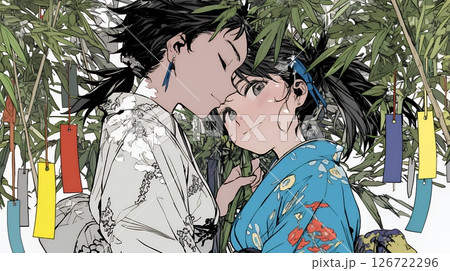 七夕飾りと和服を着た若い女性