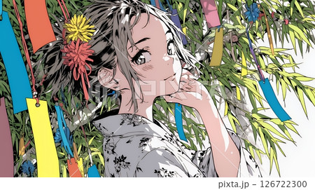 七夕飾りと和服を着た若い女性