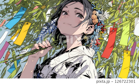 七夕飾りと和服を着た若い女性