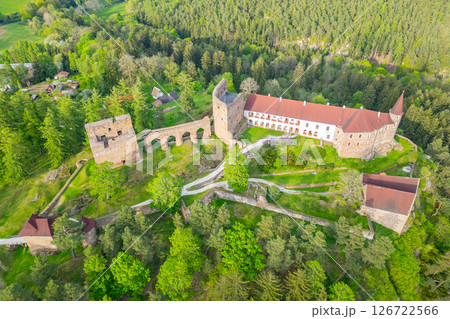Aerial view captures the grandeur of Velhartice Castle, surrounded by lush greenery and ancient stone walls. This impressive landmark showcases medieval architecture and scenic beauty. Aerial view captures the grandeur of Velhartice Castle, surrounded by lush greenery and ancient stone walls. This impressive landmark showcases medieval architecture and scenic beauty. 126722566