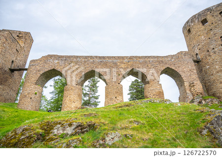 Explore the impressive Gothic Bridge of Velhartice Castle, surrounded by lush greenery and historic stone structures. This site showcases remarkable medieval architecture against a serene landscape. Explore the impressive Gothic Bridge of Velhartice Castle, surrounded by lush greenery and historic stone structures. This site showcases remarkable medieval architecture against a serene landscape. 126722570