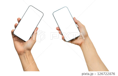 Mobile smart phone with white blank screen in Asian lady hand for communication isolated on white background. Mobile smart phone with white blank screen in Asian lady hand for communication isolated on white background. 126722876