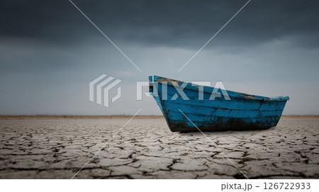 Abandoned blue fishing boat rests on cracked dried land under a dramatic sky highlighting climate change effects 126722933