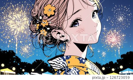 打ち上げ花火を見ている浴衣を着た若い女性