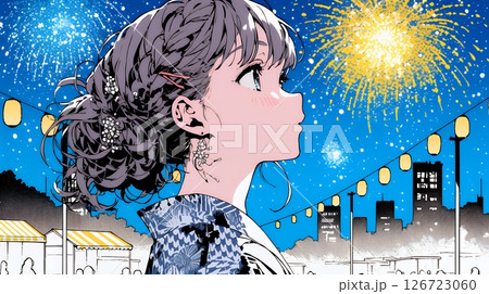 打ち上げ花火を見ている浴衣を着た若い女性
