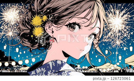打ち上げ花火を見ている浴衣を着た若い女性