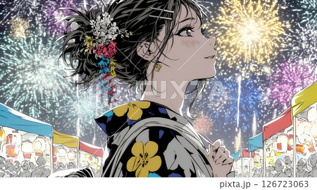 打ち上げ花火を見ている浴衣を着た若い女性