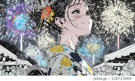 打ち上げ花火を見ている浴衣を着た若い女性