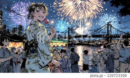 都会の花火大会と浴衣姿の若い女性