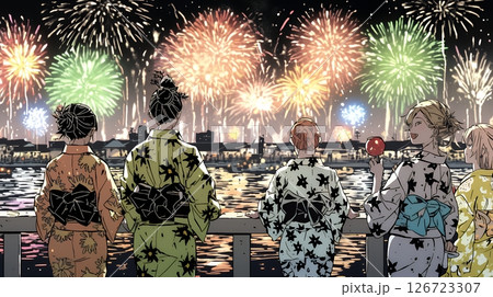 都会の花火大会と浴衣姿の若い女性