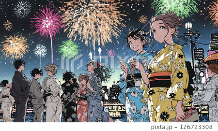 都会の花火大会と浴衣姿の若い女性