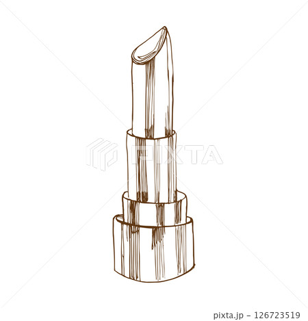 Lipstick decorative make up ink graphics illustration. Fashion and glamour hand drawn vector drawing in line art style, female beauty tool for lips. Monochrome silhouette for card, poster, packing Lipstick decorative make up ink graphics illustration. Fashion and glamour hand drawn vector drawing in line art style, female beauty tool for lips. Monochrome silhouette for card, poster, packing 126723519