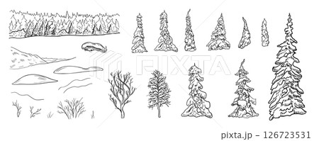 Winter landscape elements snowy pines, bare trees hand drawn black and white outline vector illustration. Woodland trees clipart of fir, spruce in monochrome sketch for Christmas seasonal designs. Winter landscape elements snowy pines, bare trees hand drawn black and white outline vector illustration. Woodland trees clipart of fir, spruce in monochrome sketch for Christmas seasonal designs. 126723531