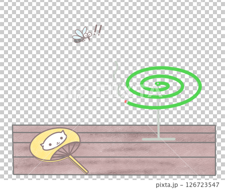 A summer scene with mosquito coils, a fan and a mosquito 126723547