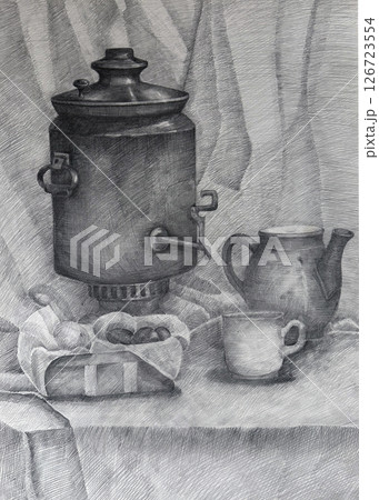 Still life, pencil drawing illustration. Samovar, mug, teapot and mushrooms still life made in pencil in the academic style. Still life, pencil drawing illustration. Samovar, mug, teapot and mushrooms still life made in pencil in the academic style. 126723554