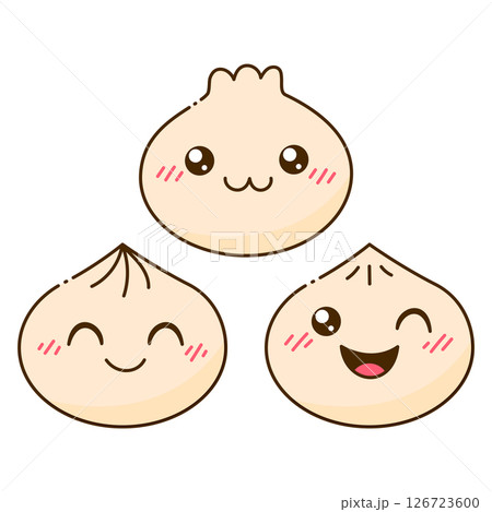 Cute Happy Dim Sum Set. Smiling Cartoon Bao Character. Traditional Chinese Dumplings with Funny Faces 126723600