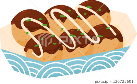 Takoyaki Japanese Street Food Octopus Balls in Paper Boat with Sauce and Mayo Drizzle. Cute Flat Vector Illustration of Hot Osaka Snack for Menu, Poster, Sticker, or Asian Cuisine Design 126723601