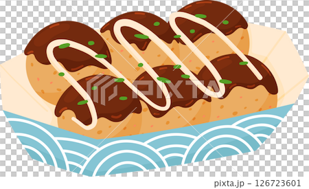 Takoyaki Japanese Street Food Octopus Balls in Paper Boat with Sauce and Mayo Drizzle. Cute Flat Vector Illustration of Hot Osaka Snack for Menu, Poster, Sticker, or Asian Cuisine Design 126723601