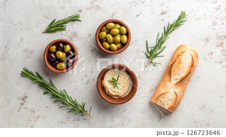 Mediterranean appetizer with olives, hummus, and bread on stone background. 126723646