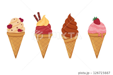 Four ice cream cones feature unique flavors and toppings in vibrant colors. 126723887
