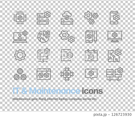 A set of icons representing maintenance and repair of servers, boards, PCs, smartphones, the Internet, etc. A set of icons representing maintenance and repair of servers, boards, PCs, smartphones, the Internet, etc. 126723930