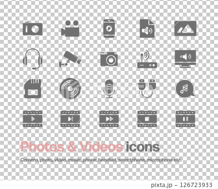 相機、照片、影片、麥克風、音樂、媒體、耳機等圖示集。 相機、照片、影片、麥克風、音樂、媒體、耳機等圖示集。 126723933