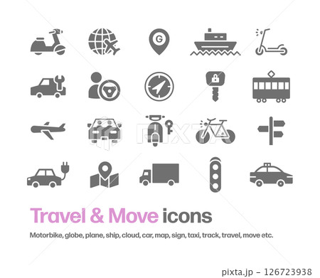 バイク,飛行機,船,旅行,移動,乗り物等のアイコンセット バイク,飛行機,船,旅行,移動,乗り物等のアイコンセット 126723938