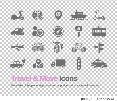 バイク,飛行機,船,旅行,移動,乗り物等のアイコンセット バイク,飛行機,船,旅行,移動,乗り物等のアイコンセット 126723938