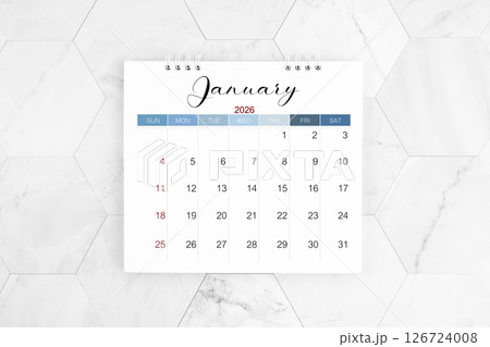 January 2026 blank desk calendar on marble table, Flat lay. 126724008