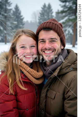 Happy couple smiling in snowy winter wonderland 126724144