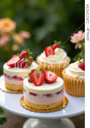 Delicious strawberry cakes and cupcakes displayed on a cake stand in a garden setting 126724354