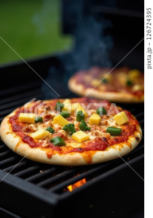 Delicious pizza grilling on barbecue with flames and smoke 126724395