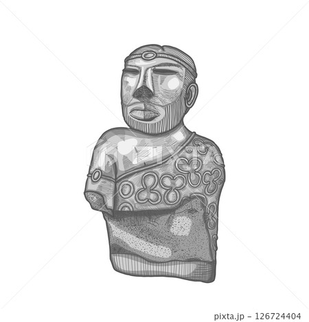 Hand drawn monochrome sketch of ancient Priest-King statuette from Mohenjo-Daro, Indus Valley Harappan Civilization. Male bust. Example of ancient art. Archaeological artifact. Vector illustration. 126724404