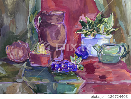 Still life with fruit, a pitcher and some drapery. Traditional painting on paper Still life with fruit, a pitcher and some drapery. Traditional painting on paper 126724408