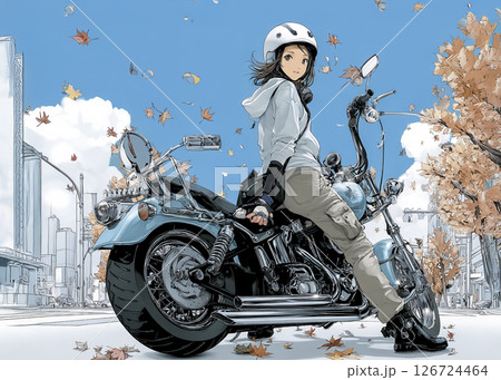 大型クルーザーバイクで秋の都市観光をする女性ライダーのイラスト素材 126724464