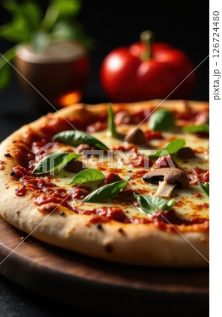Delicious pizza with mushrooms and basil resting on wooden board 126724480