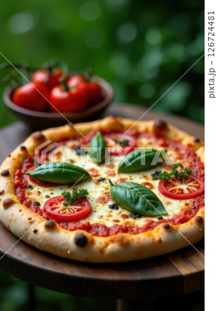 Delicious neapolitan pizza with fresh basil and tomatoes on wooden table outdoors 126724481