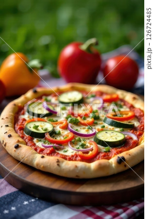 Delicious homemade vegetarian pizza with zucchini, peppers, and onions 126724485