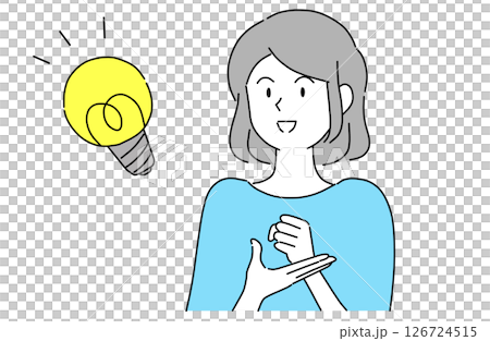 胸の前で手をポンと叩き何かひらめいた様子の若い女性 胸の前で手をポンと叩き何かひらめいた様子の若い女性 126724515
