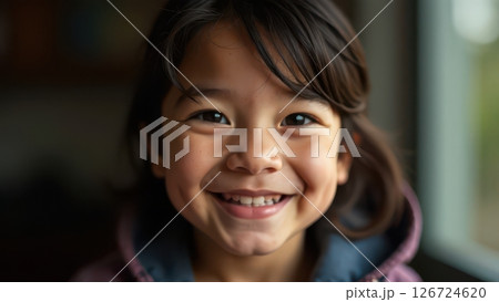 Happy young girl in a purple hoodie smiling at the camera by the window. 126724620