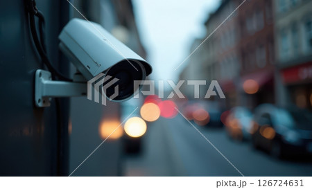 White security camera mounted on the wall of a building overlooking a busy street. 126724631