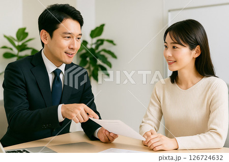 会議室で、女性がプレゼン資料を手に笑顔で顧客に説明している。 126724632