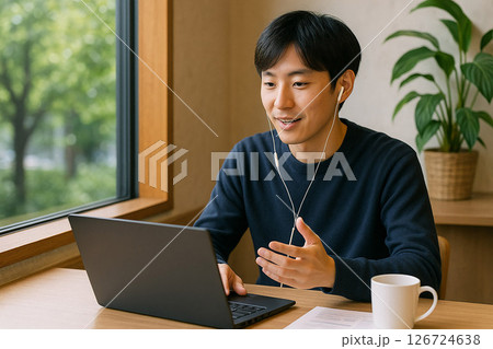 カフェの窓際席で、男性がノートPCを使ってオンライン会議中。 126724638