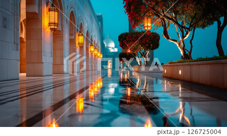 Night view of grand mosque courtyard with glowing lanterns and polished reflection under blue sky 126725004