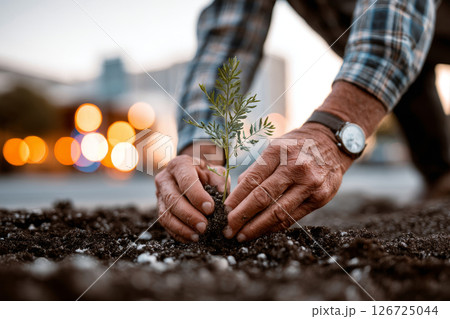 Closeup of male hands placing young plant into rich soil at sunset in urban gardening scene 126725044