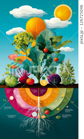 Colorful poster showing vegetable nutrient cycle in cross-section with educational elements 126725046