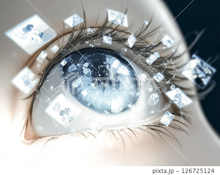 ホログラフィックディスプレイの画面を見る女性の瞳のイラスト素材 ホログラフィックディスプレイの画面を見る女性の瞳のイラスト素材 126725124