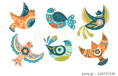 A collection of Colorful Illustrated Birds depicted in an enchanting Folk Art Style A collection of Colorful Illustrated Birds depicted in an enchanting Folk Art Style 126725336