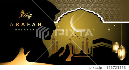 Islamic graphic design illustration for Mubarak, ramadan, eid, Al Adha, hajj, arafah, hariraya, Mawlid al-Nabi, ai-fitr, adulfitri and Hijri new yeaar. Literally with muslim illuminated lamp. 126725358