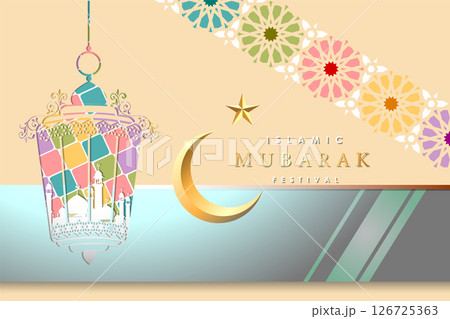Islamic graphic design illustration for Mubarak, ramadan, eid, Al Adha, hajj, arafah, hariraya, Mawlid al-Nabi, ai-fitr, adulfitri and Hijri new yeaar. Literally with muslim illuminated lamp. 126725363